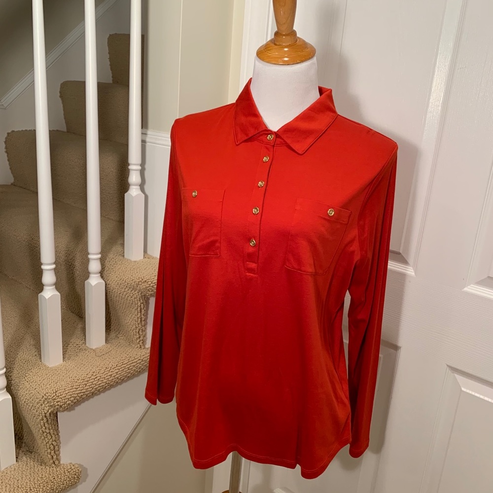 NWT, Red Talbots long sleeve polo, gold buttons
